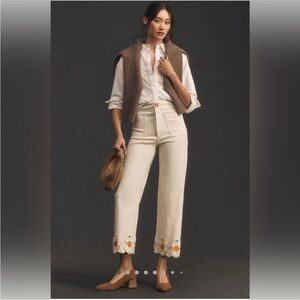 Maeve Anthropologie The Colette Denim Cropped Wide Legged Jeans with floral hem